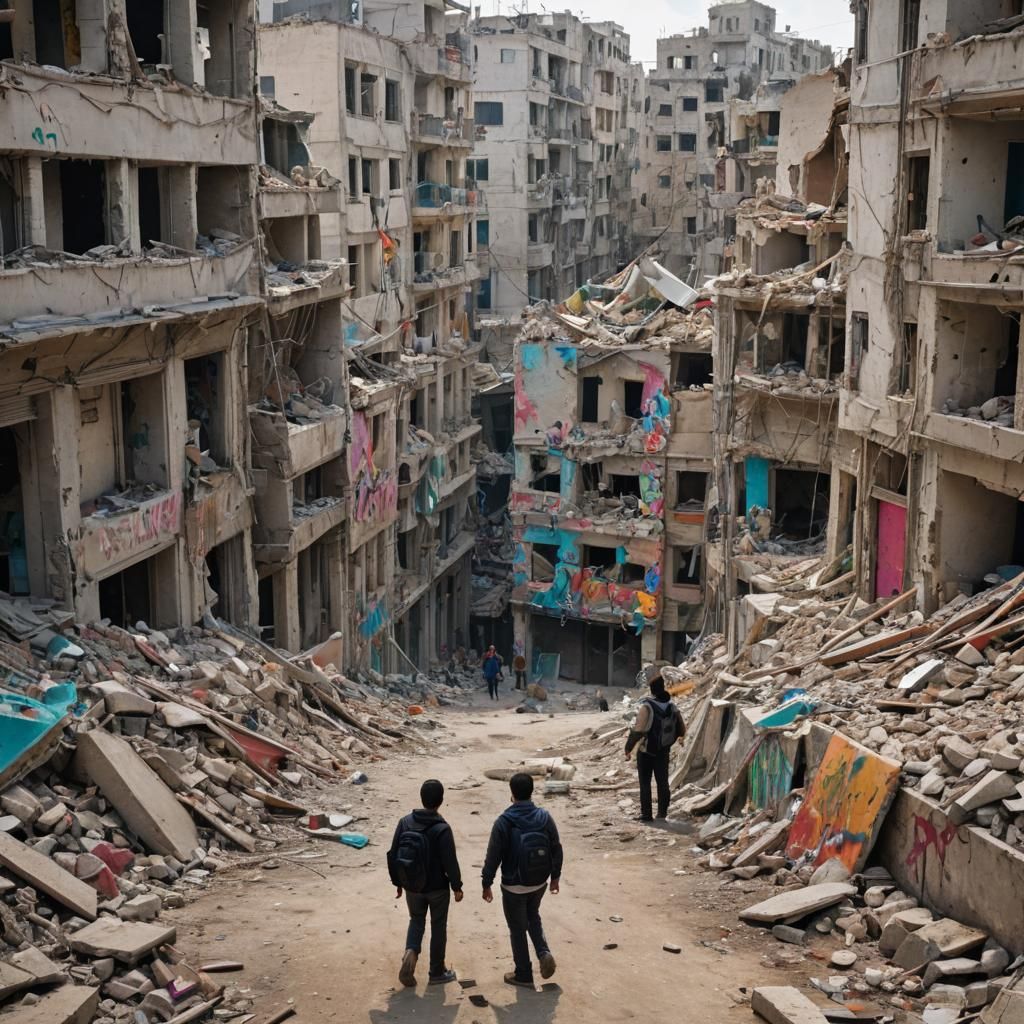 Gaza Cityscape in Vibrant Ruin Amidst Conflict