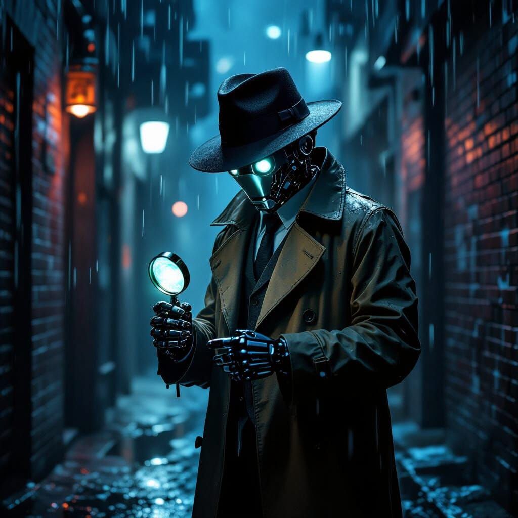 AI Robot Detective Investigates Glowing Clue in Noir Alley