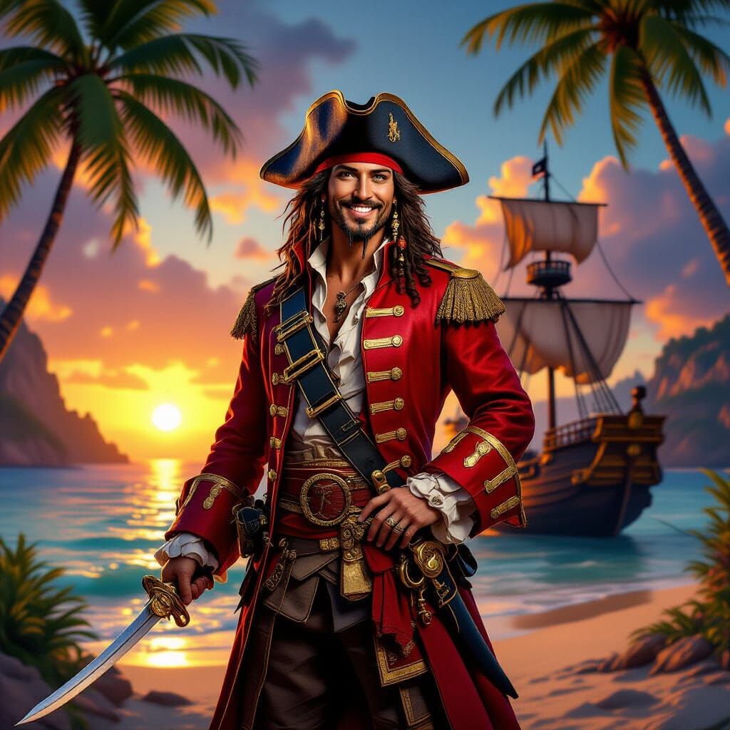 Charismatic Pirate Captain on Tropical Island at Sunset