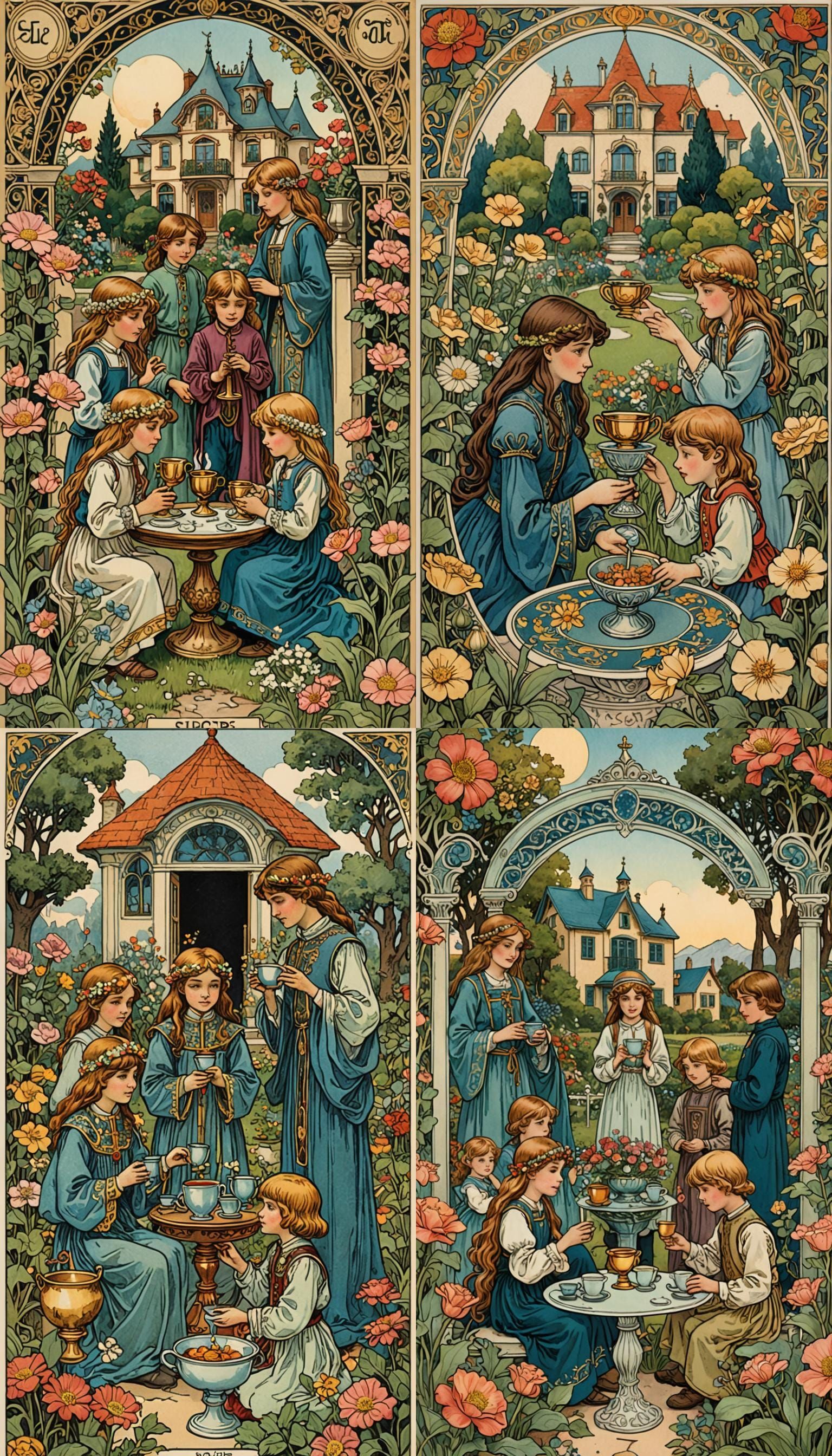 Six of Cups Tarot Card in Art Nouveau Style