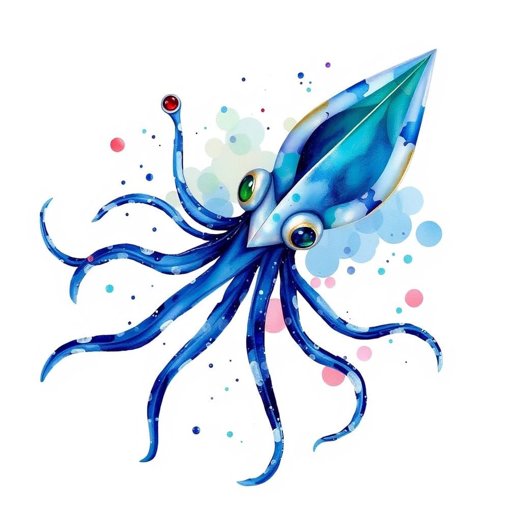 Pearl and Gemstone Squid in Watercolor Splash Style
