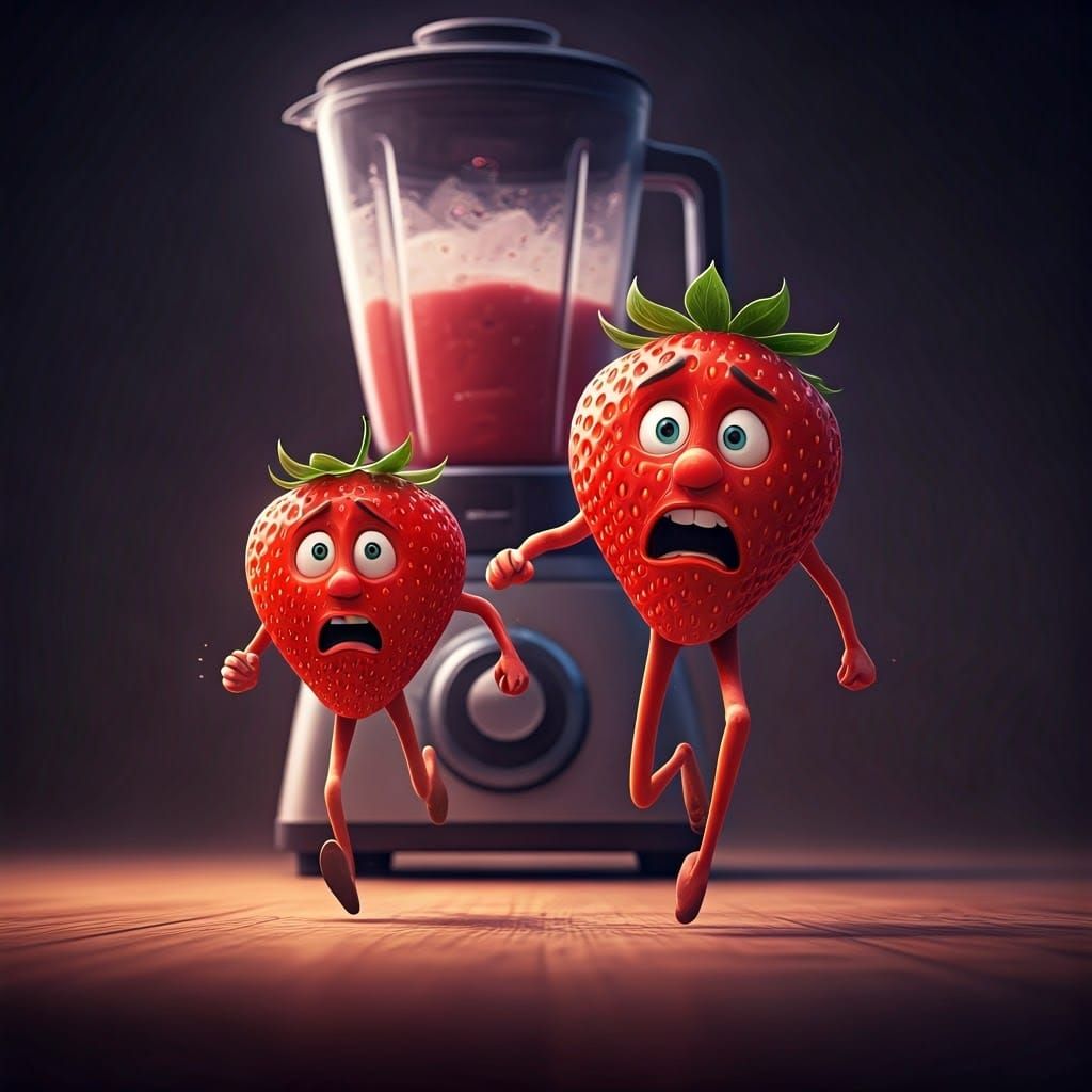 Fearful Strawberries Flee from a Menacing Blender in Vibrant...