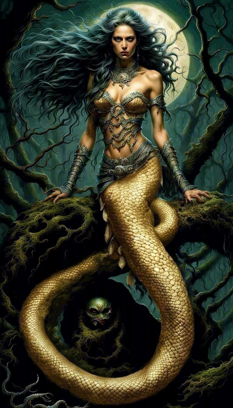 Detailed Naga Painting in Dark Forest Setting