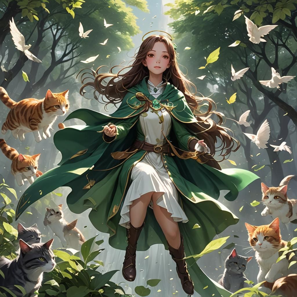 Plant Healer with Floating Cat: 3D Anime Art