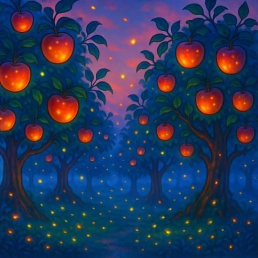 Enchanted Orchard at Dusk with Glowing Apples