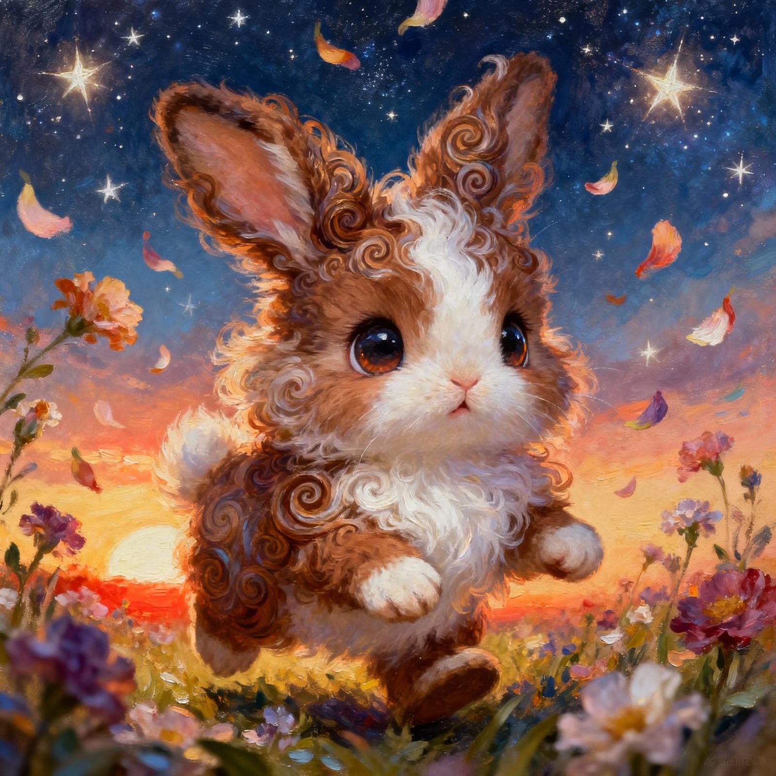 Cute Fluffy Bunny Creature in Flower Rain