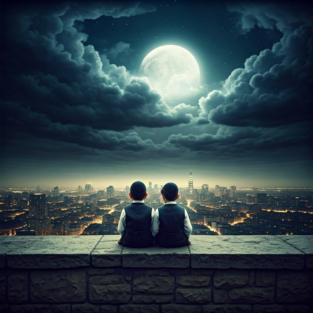 Hasidic Children Contemplate Cityscape at Dusk