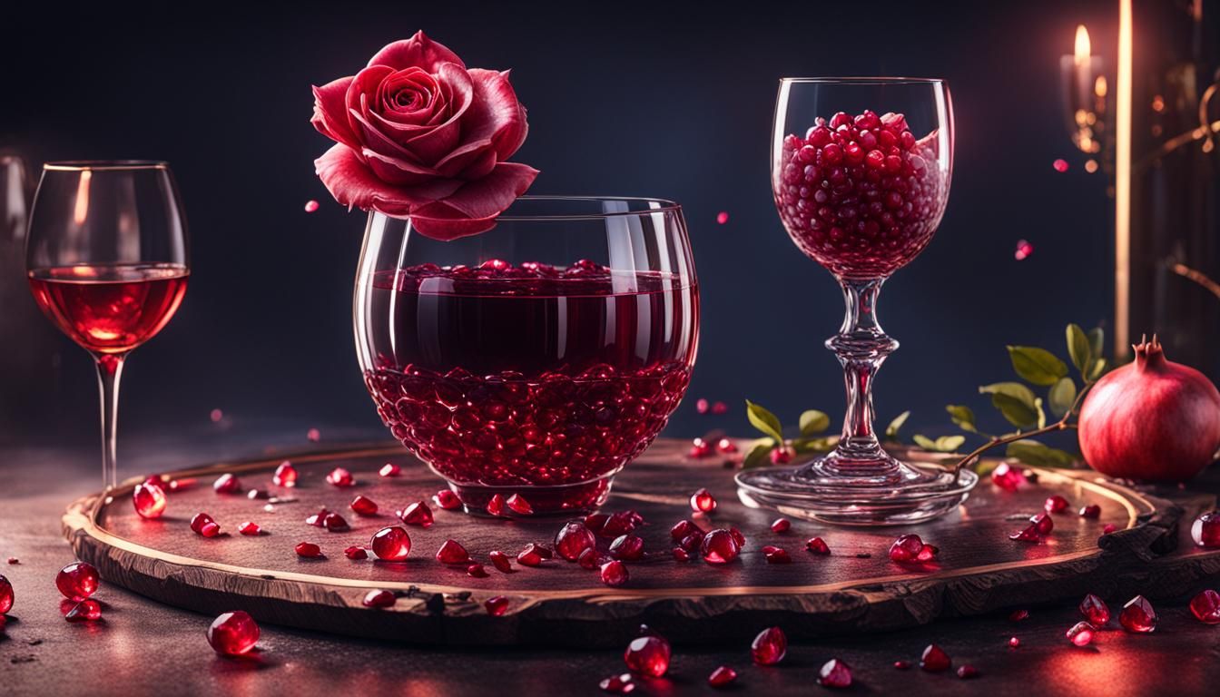 Wine, Rose, Rubies, and Pomegranate Still Life