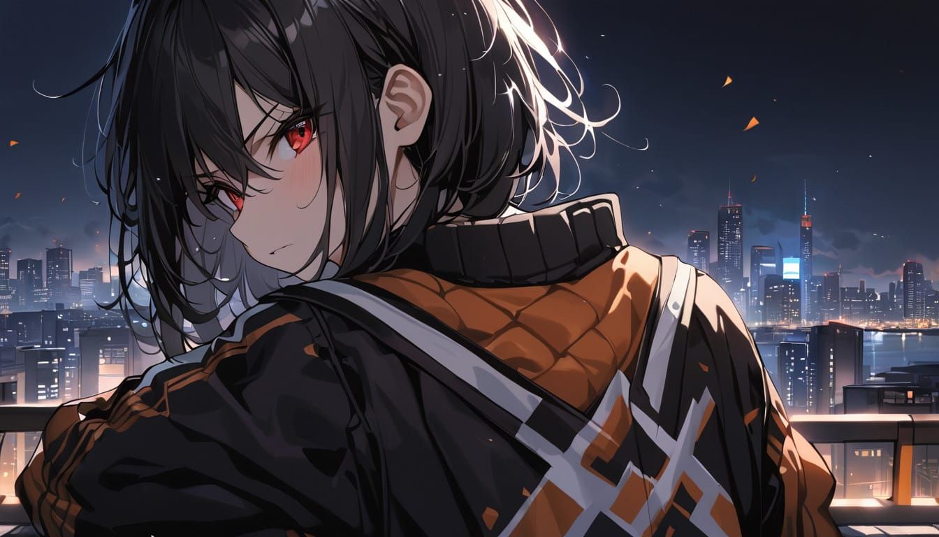 Mysterious City Night Scene with a Moody Girl