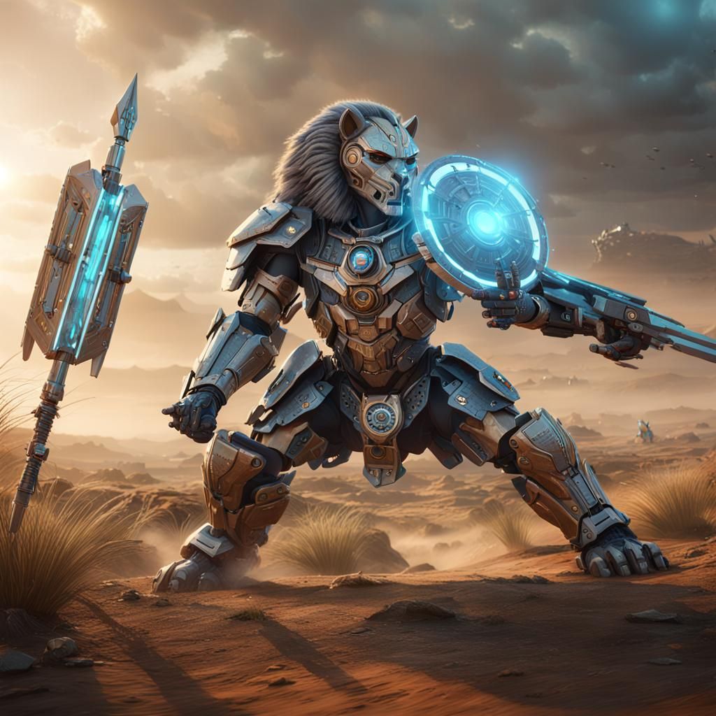 Futuristic Zulu Warrior vs Mechanical Lion