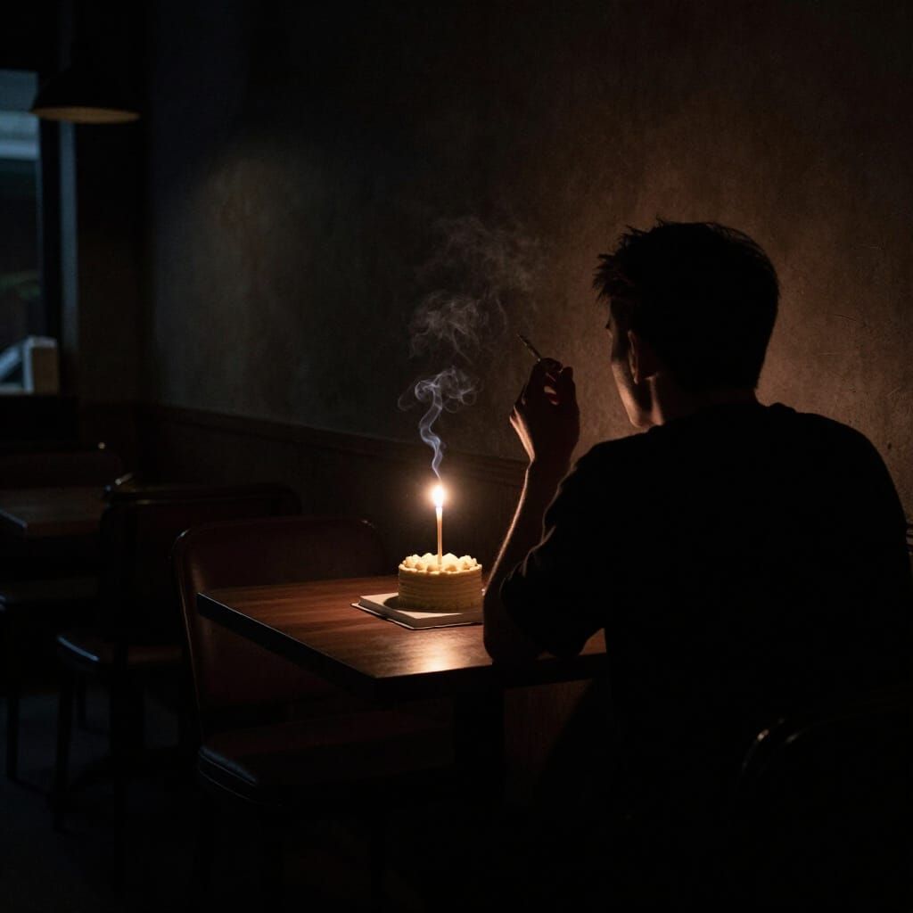 Man in Dark Cafe with Birthday Cake and Cigarette