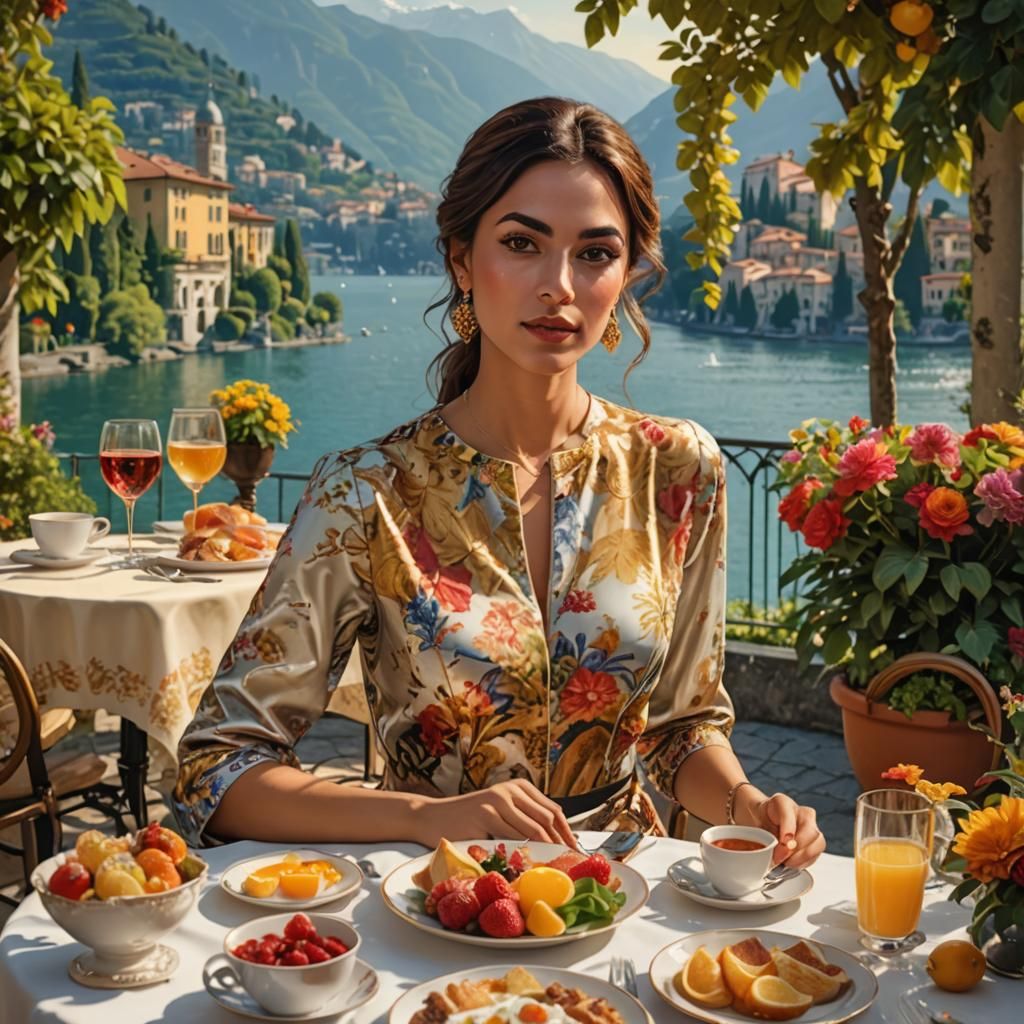 Lake Como Breakfast: Hyperrealistic Digital Art of Latina Be...