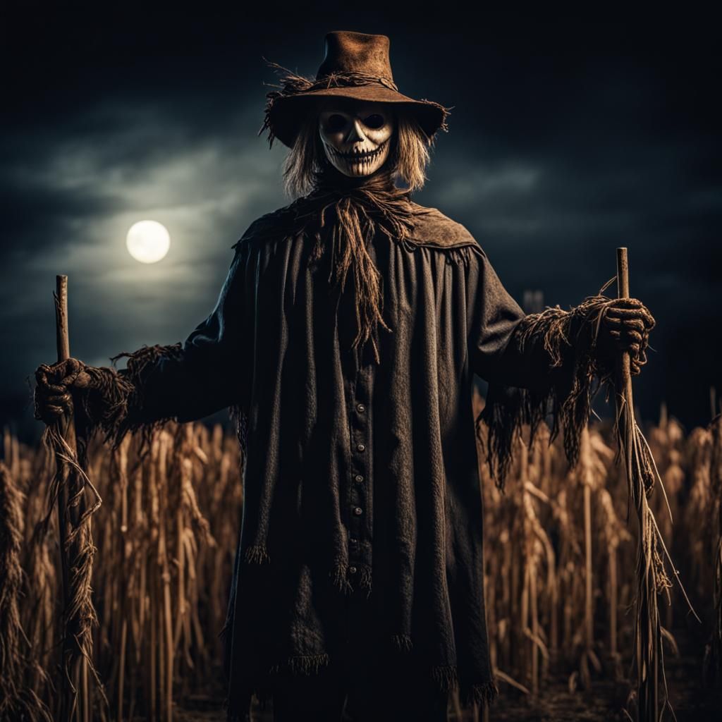 realistic photo of the dark night of the scarecrow