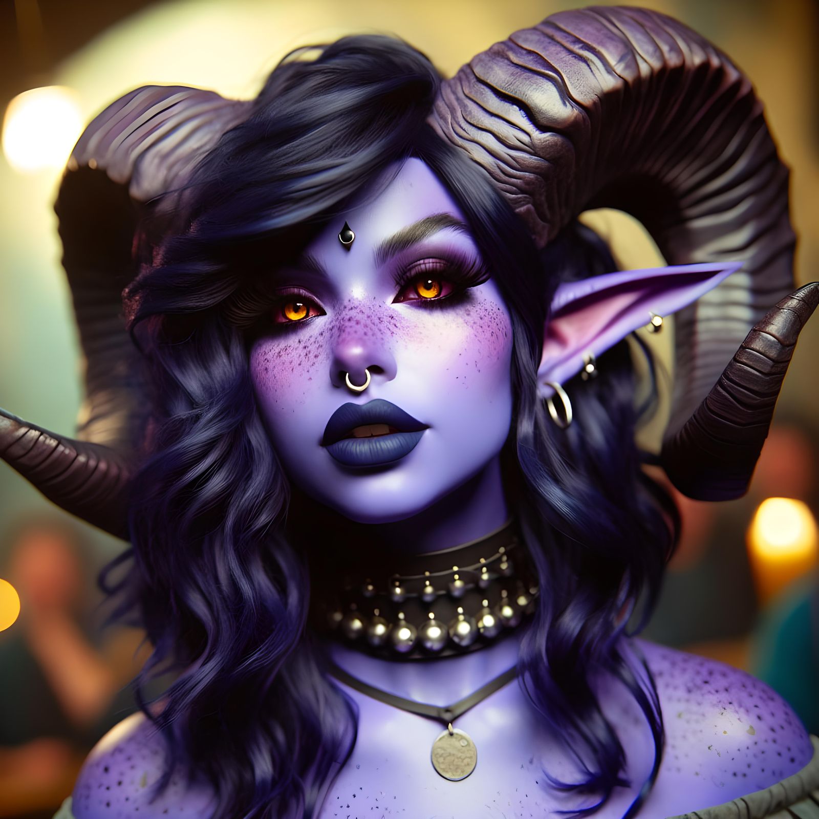 Tiefling Character with Ram Horns in Festive Setting