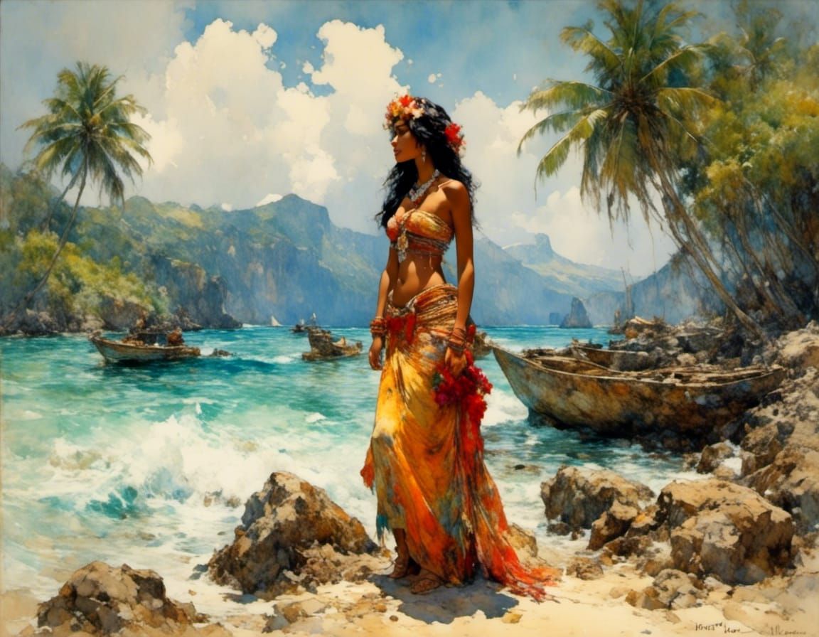 Tahitian Woman on the Shoreline