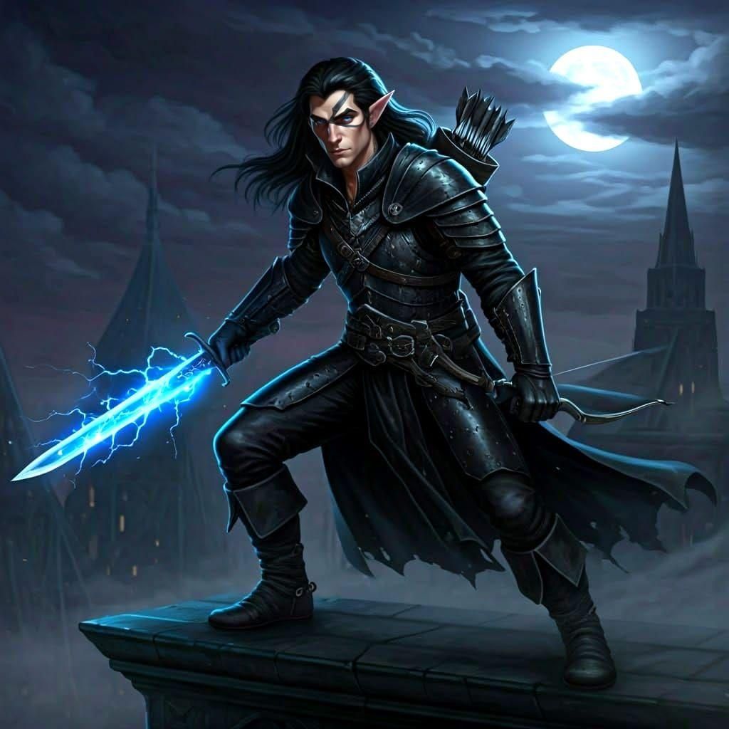 Half-Elf Rogue on Rooftop with Lightning Sword