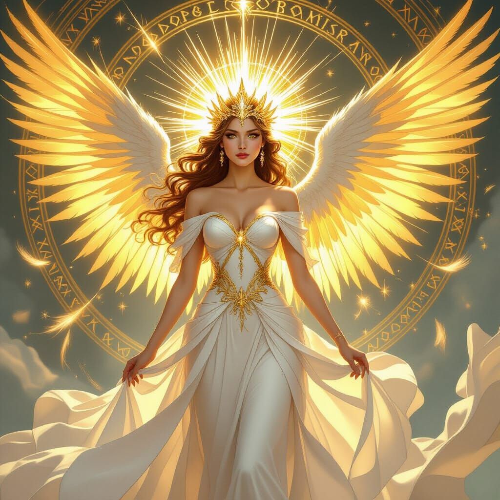 Divine Seraph Princess with Golden Wings in Art Nouveau Styl...