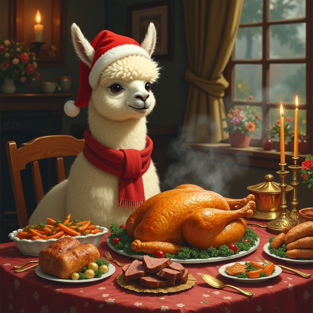 Festive Alpaca at a Cozy Winter Feast