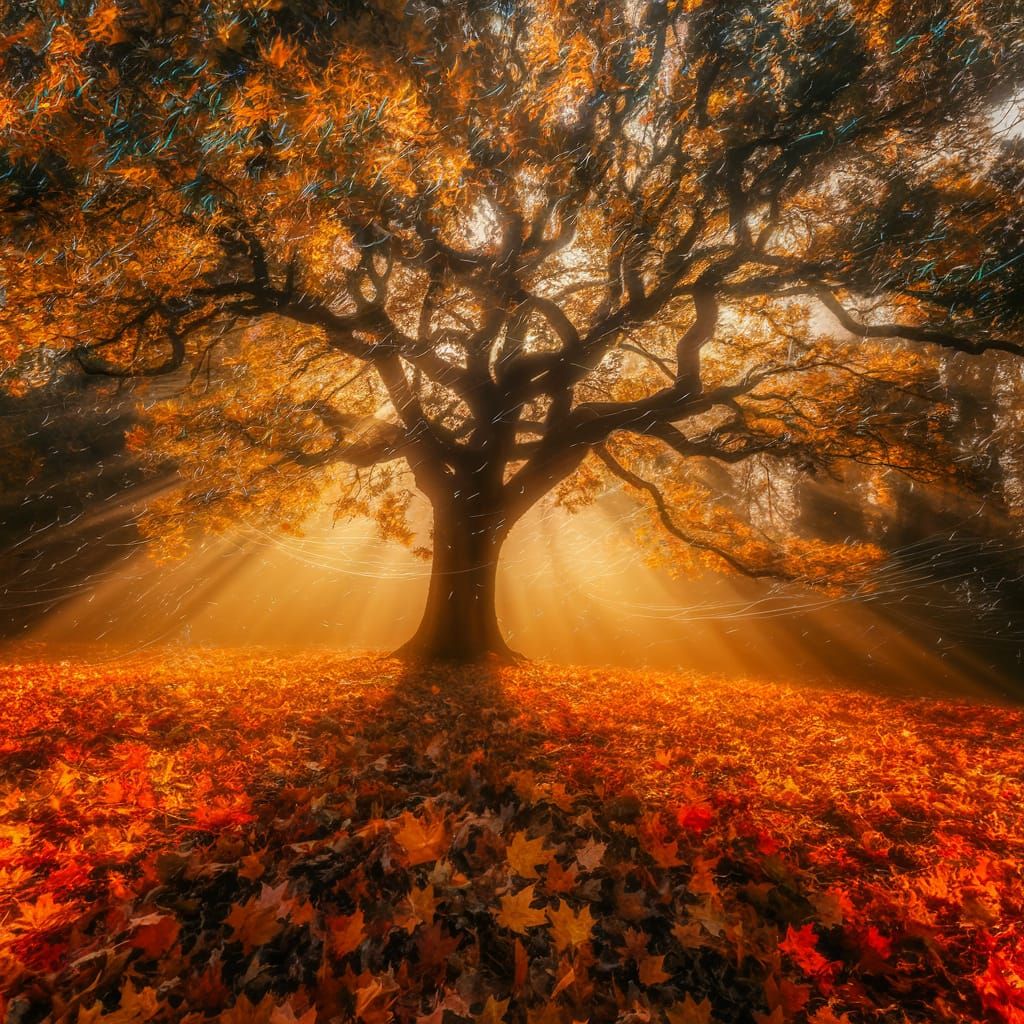 Magical Autumn Oak Tree in Golden Light