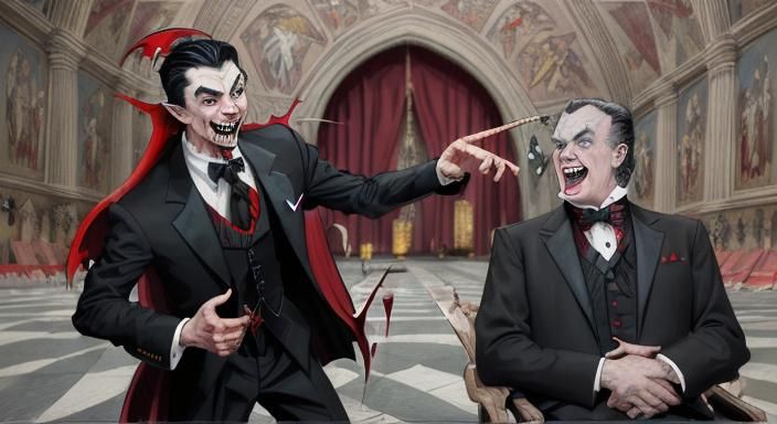 Extreme wide shot of (one traditional cartoon vampire:5.0) with large fangs, wearing a black tuxedo and a cape, laughing...