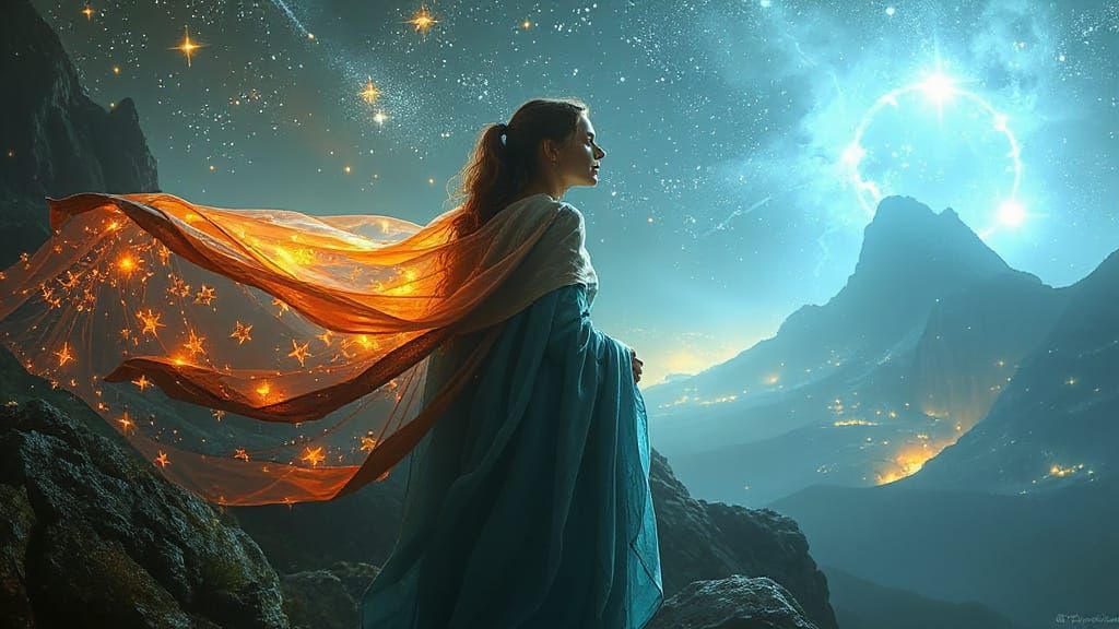 Ethereal Woman Carrying Past and Future Under Starry Sky