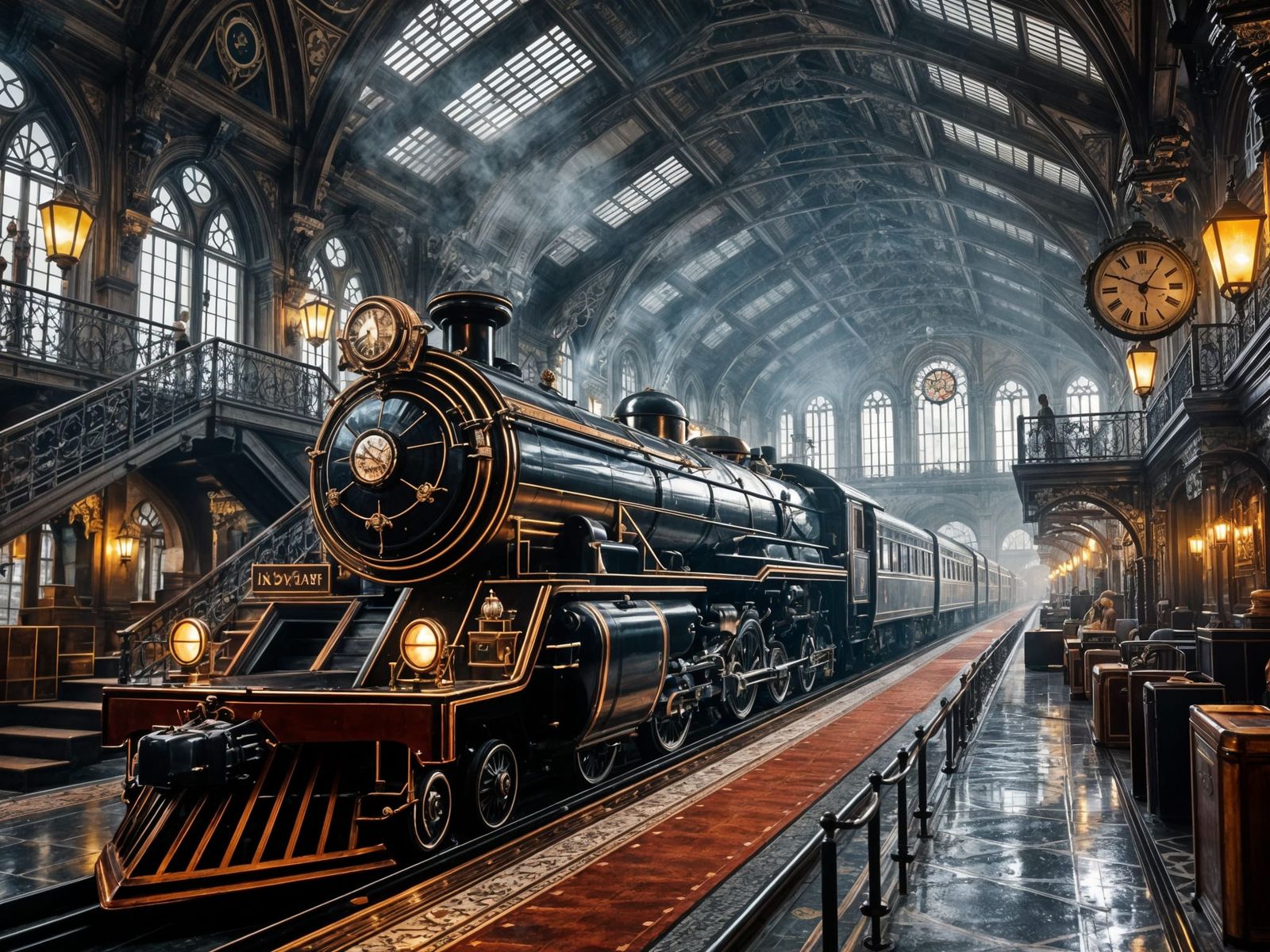 Intricate Victorian Train Station with Imposing Train