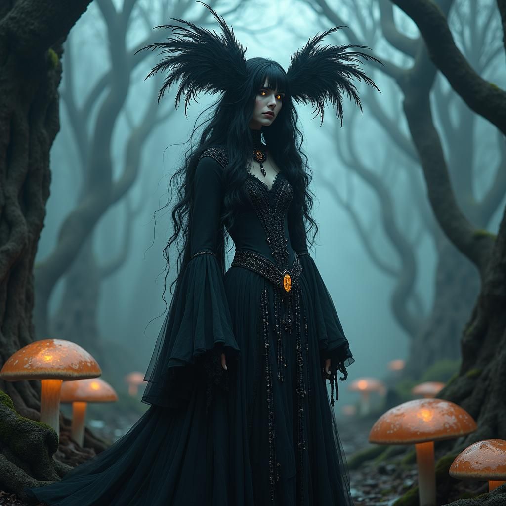 Gothic Raven Deity in Mystical Forest