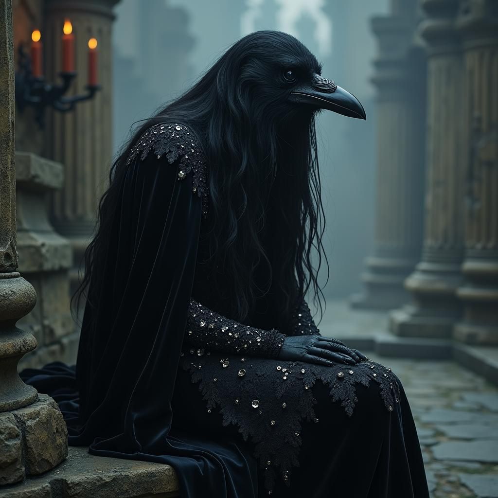 Gothic Raven Goddess on Stone Throne