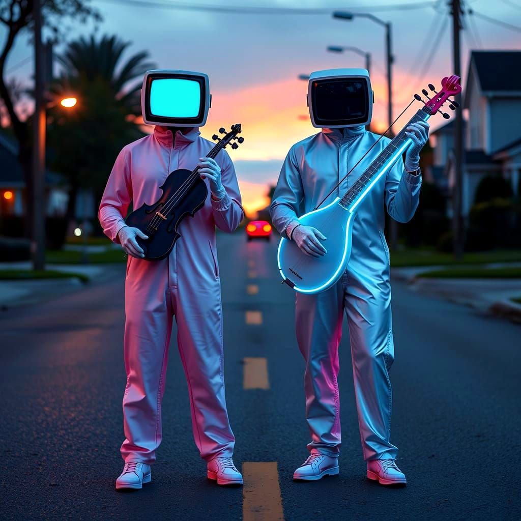 Neon Strum Bros in Retro Sci-Fi Street Scene