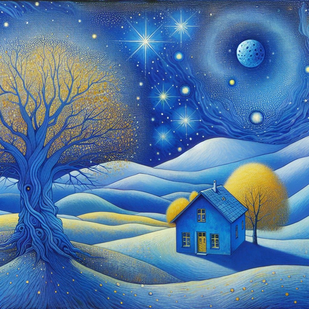 Blue Lunar Landscape with Starry House, in Art Brut Style