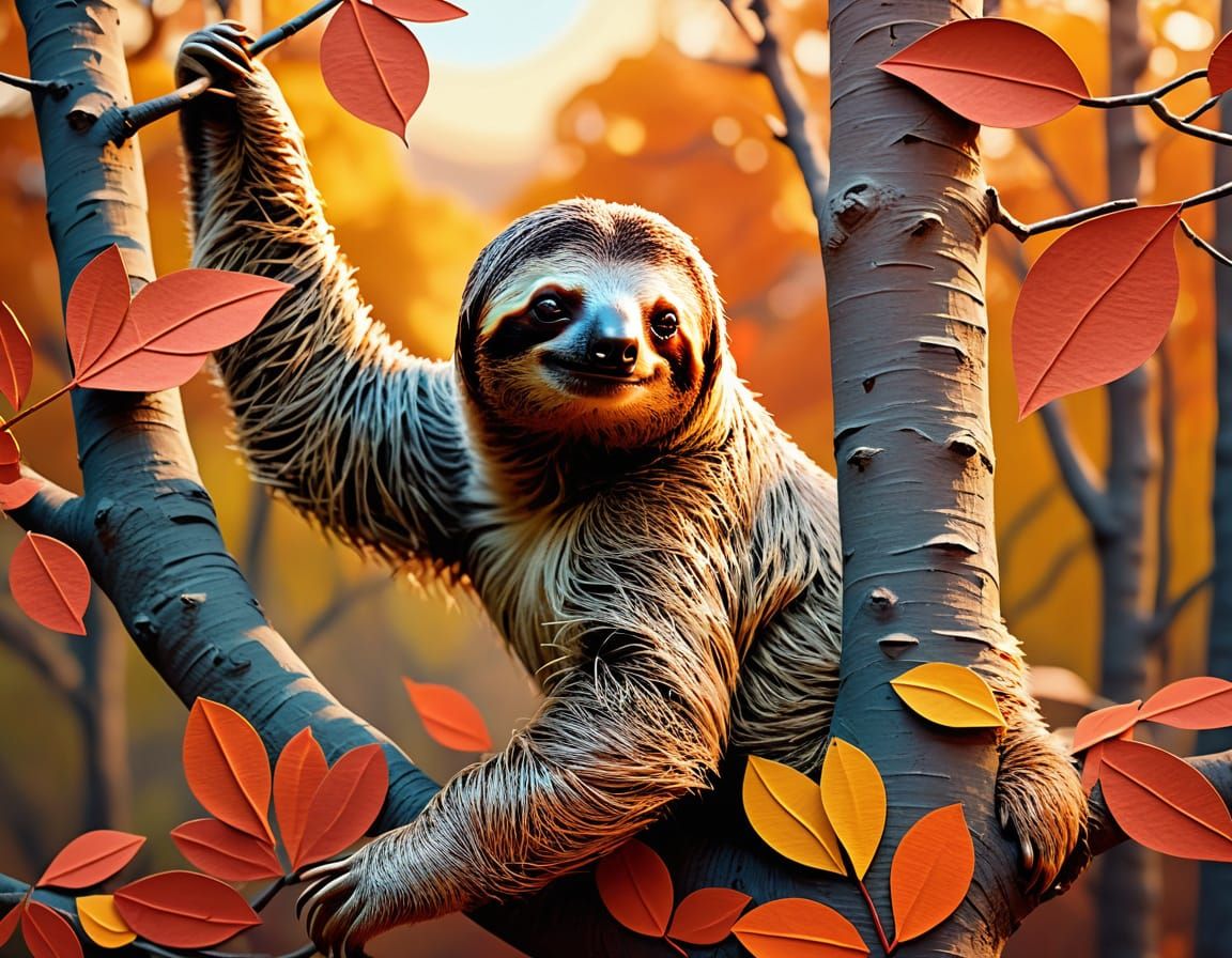 Sloth Trekking Autumn Tree in Mixed Media Collage Art