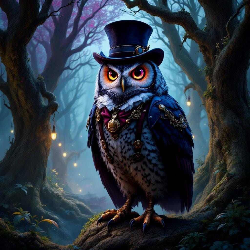 Steampunk Owl in Cyberpunk Fantasy Forest