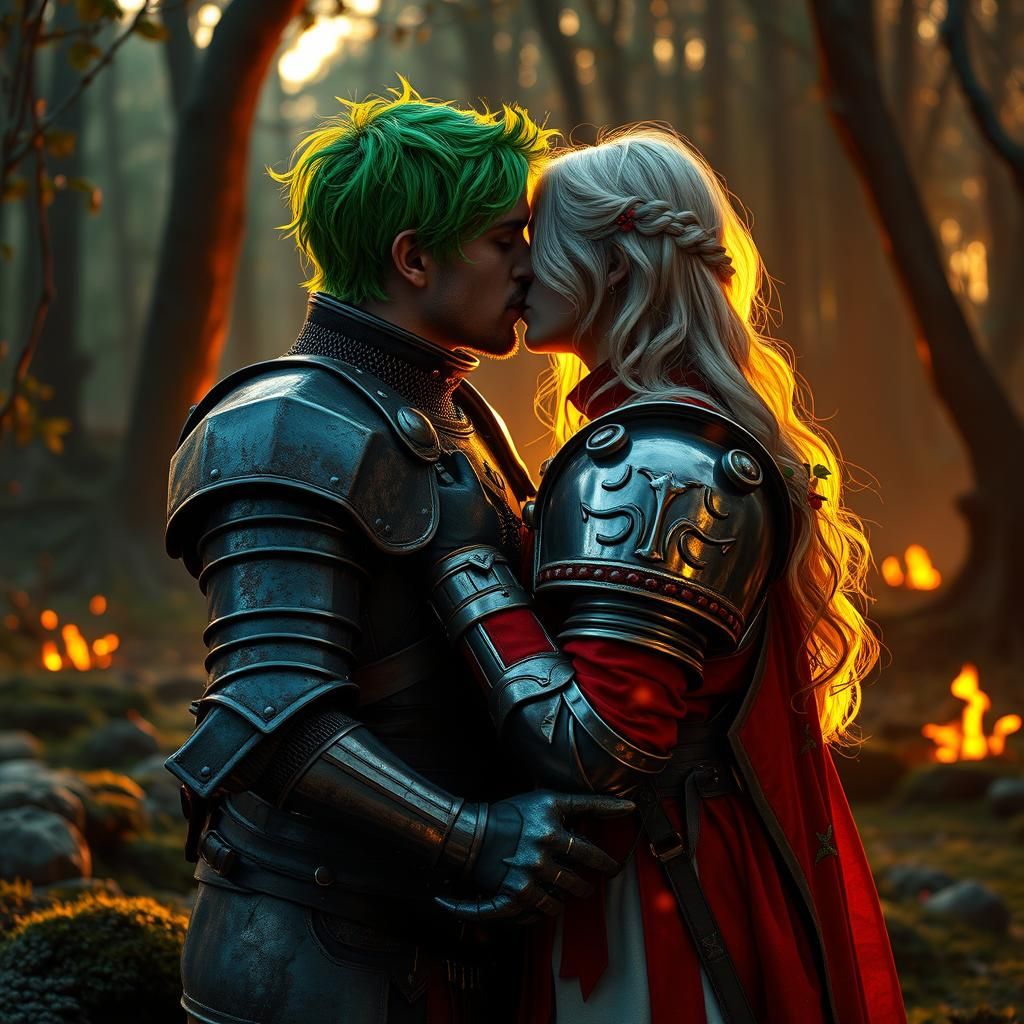Knights' Passionate Kiss in Mystical Forest