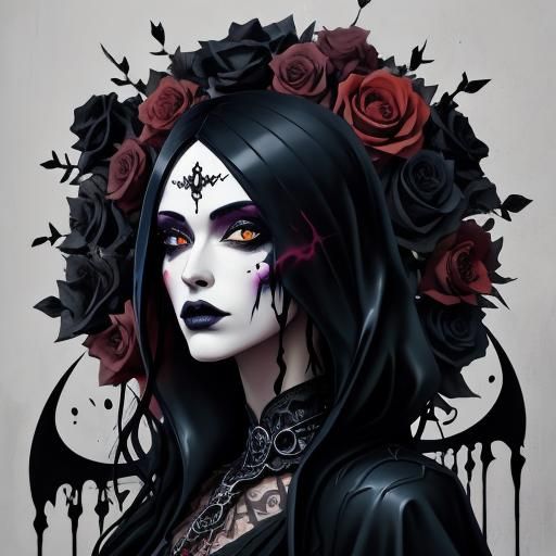 Gothic Grim Reaper Girl with Roses, Graffiti Art
