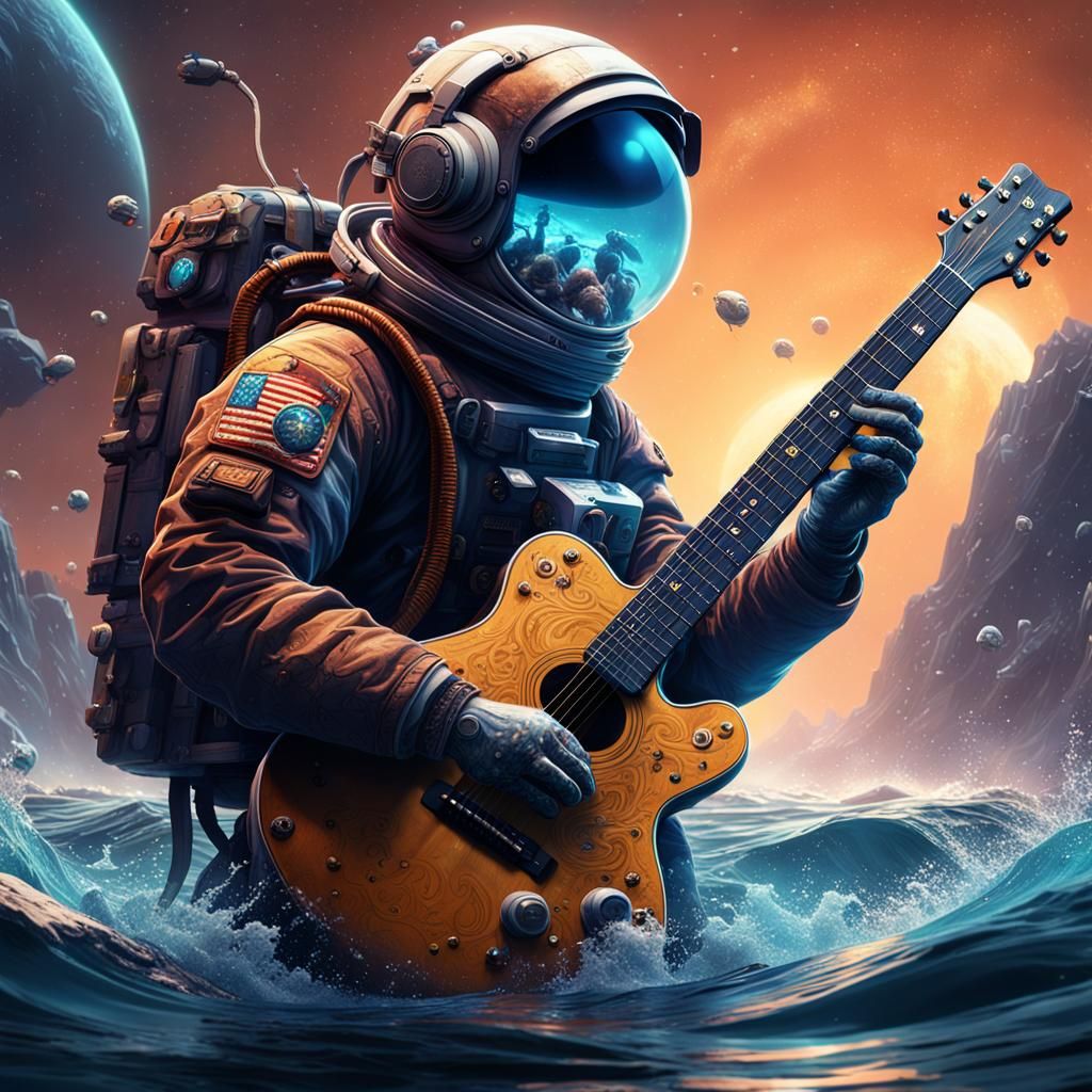 Astronaut Plays Guitar Underwater: Detailed Matte Painting