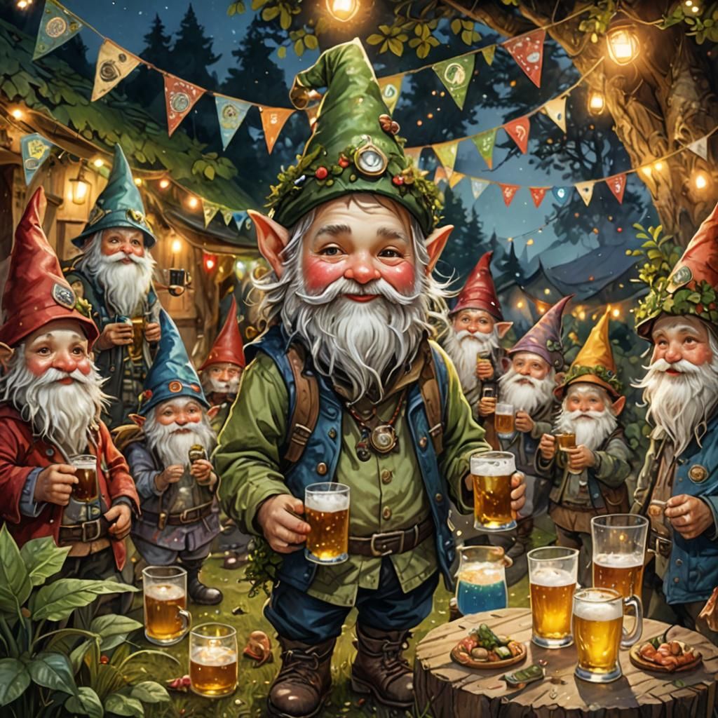 Gnome Celebrates in Whimsical Midnight Garden