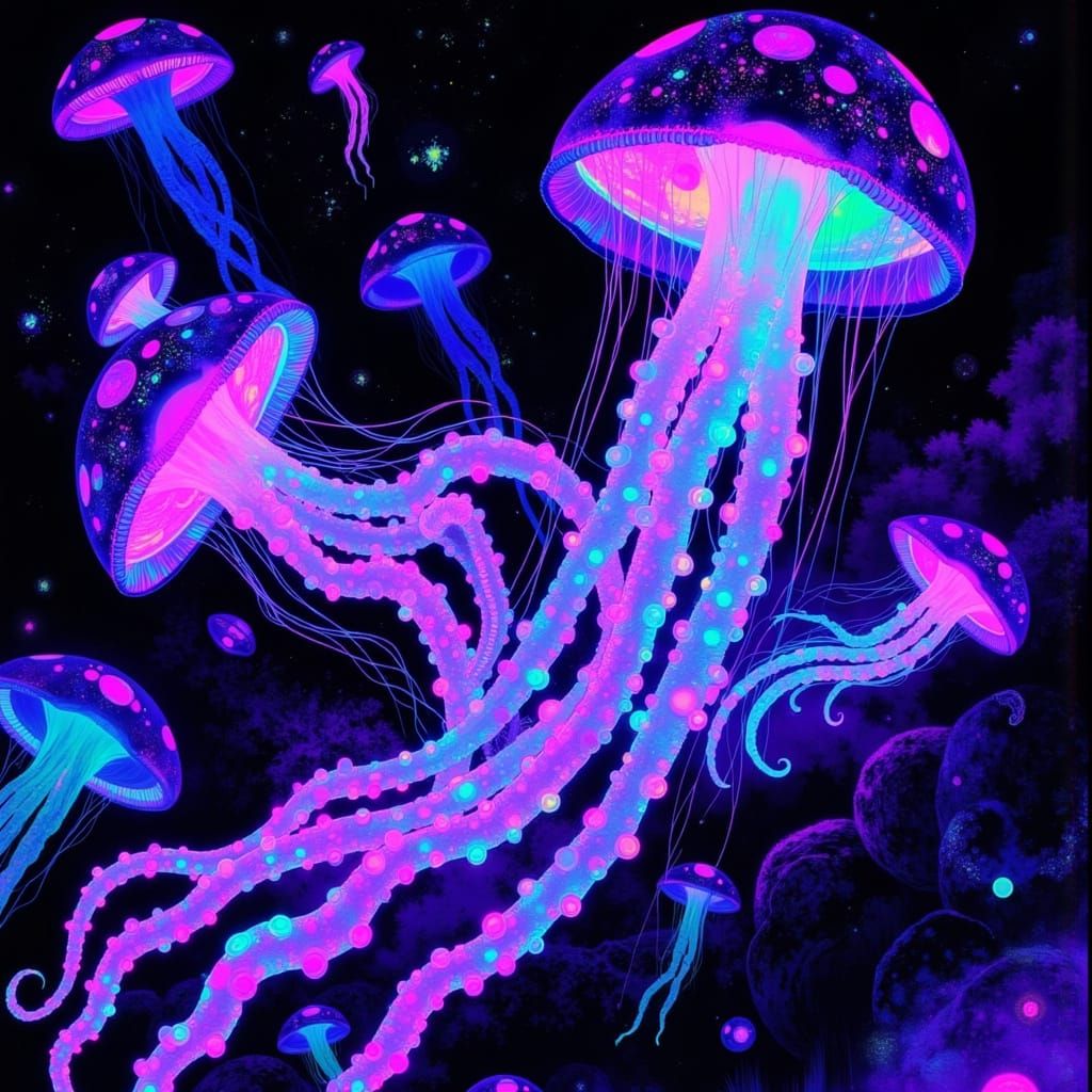 Ethereal Moon Jellyfish and Plankton in Ultraviolet Hues