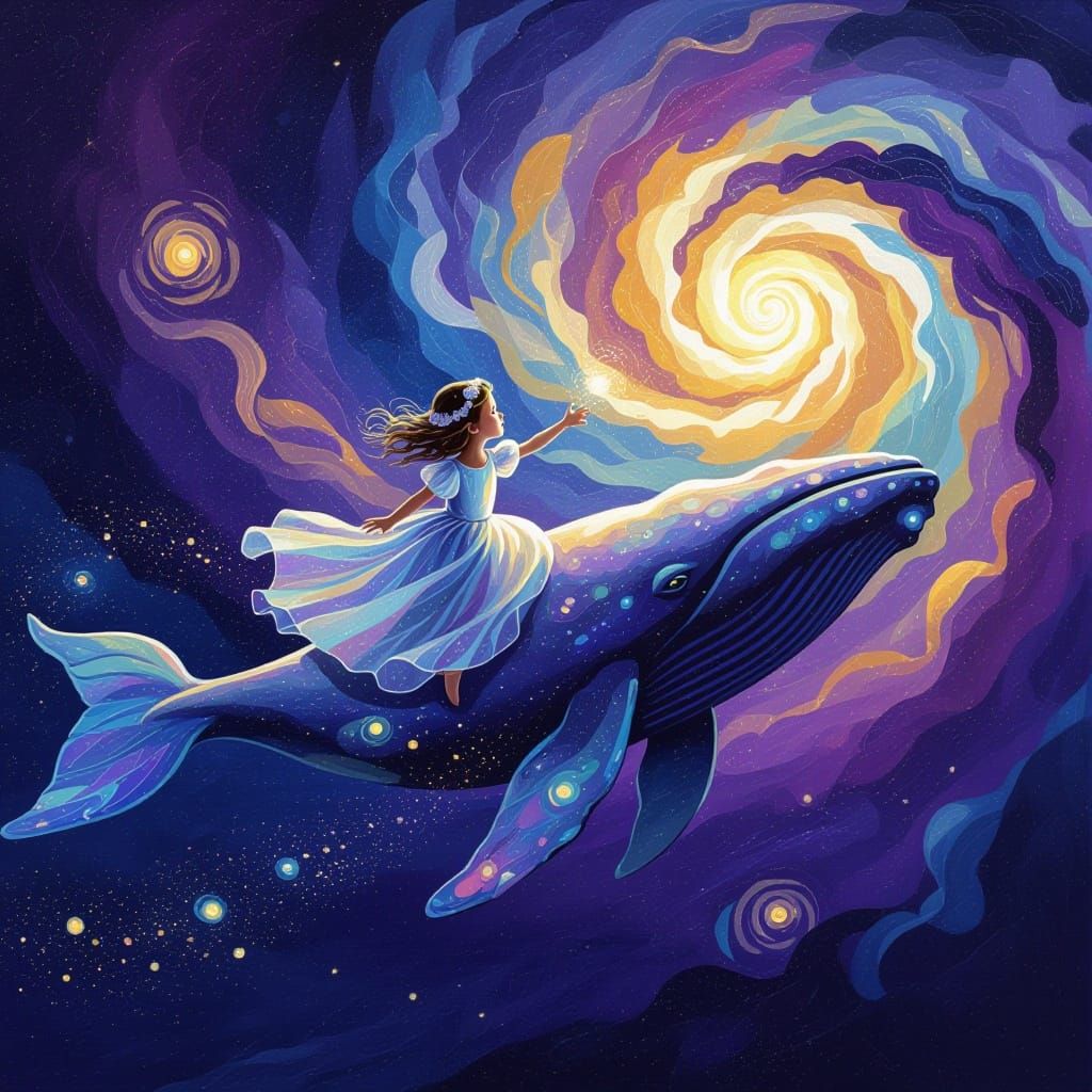 Child Rides Bioluminescent Whale Through Cosmic Nebula