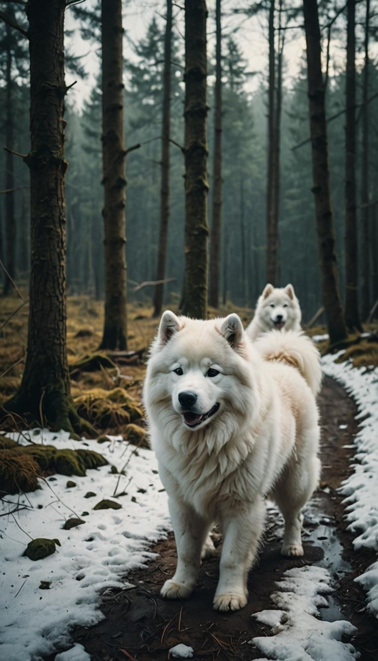 Samoyeds in Winter Forest: Cinematic Film Still