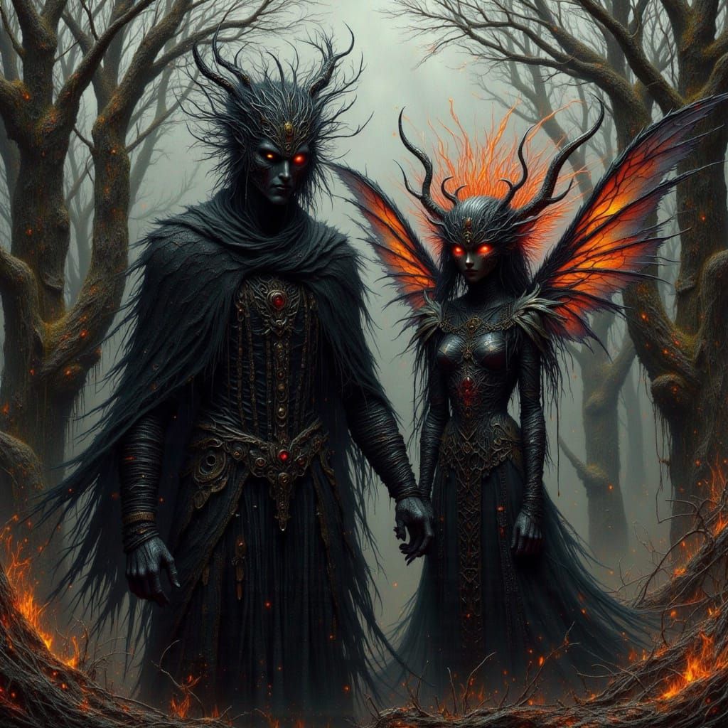 Ominous Dark Figure with Fiery Demon Companion
