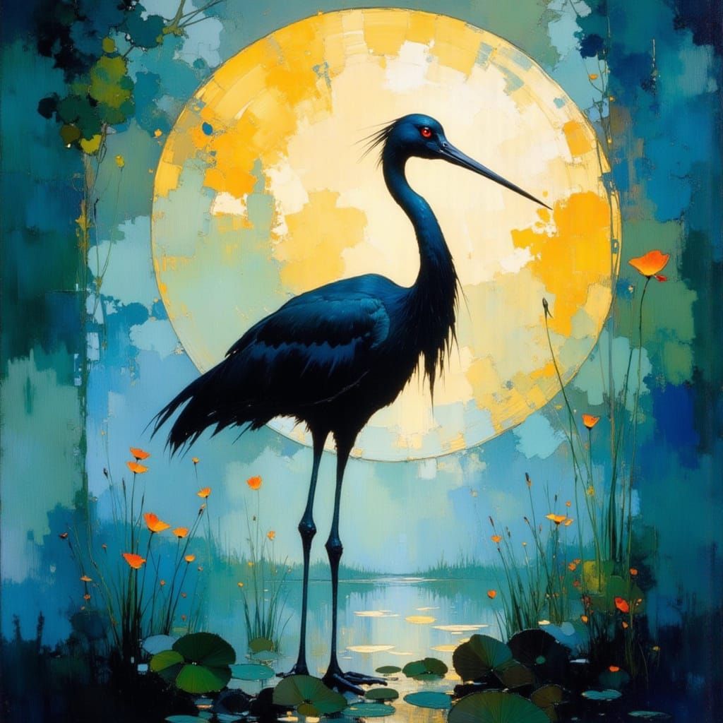 Stork Silhouette on Turquoise Pond, Impasto Watercolor