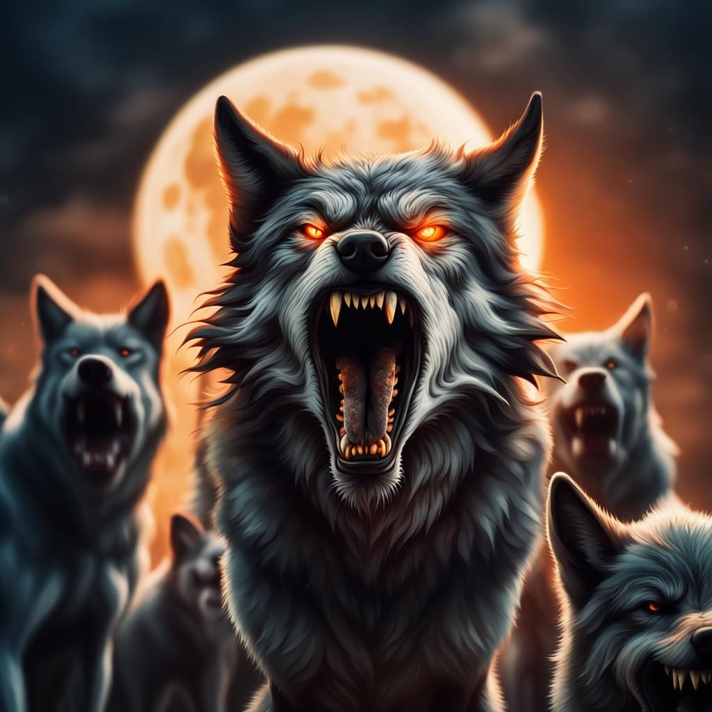 Werewolf Surrounded by Wolves in Natural Lighting