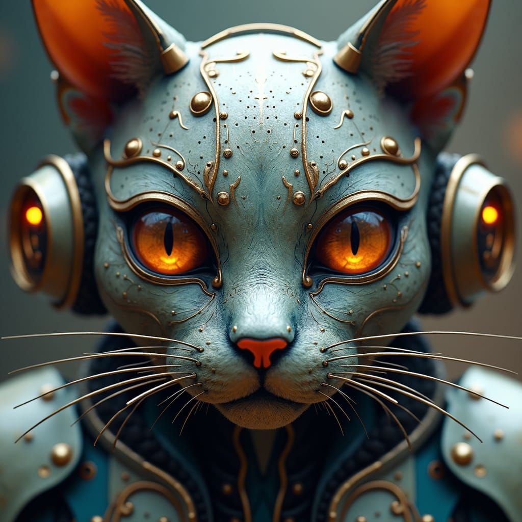 Armored Steampunk Cat Portrait in Shroompunk Style