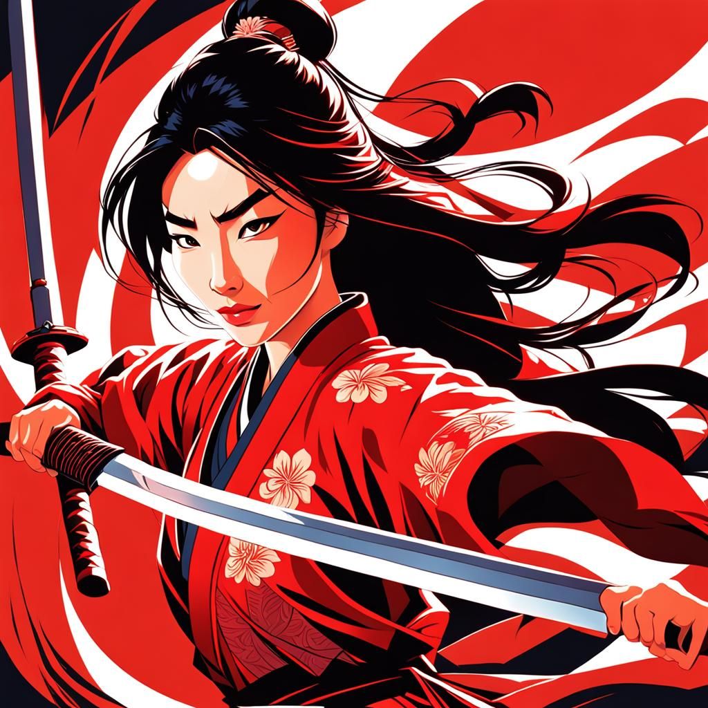 A picture of a fearless warrior holding a sword, Disney Mulan reference, fierce and determined smile, dressed in vibrant...