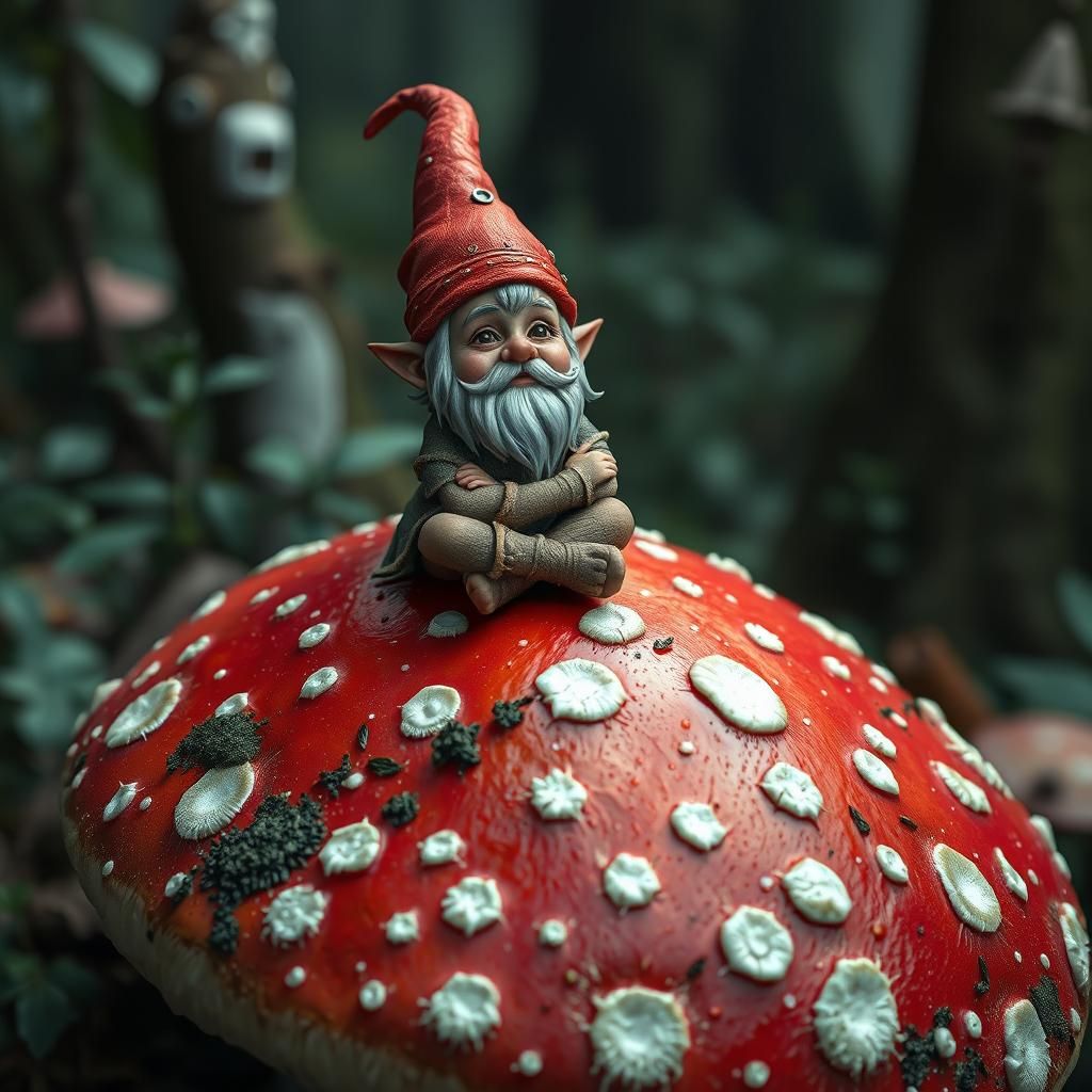 Gnome on Amanita Mushroom in Hyper-Realistic Style