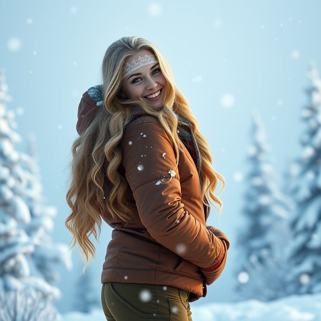 Serene Winter Wonder Woman in Snowy Landscape