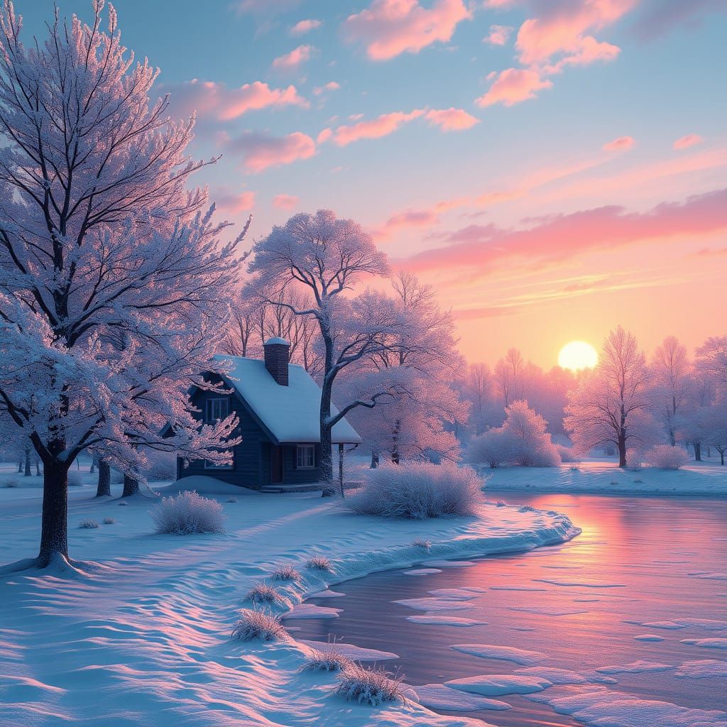 Serene Snowy Countryside at Dusk with Golden Glow