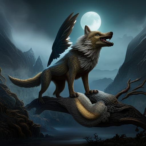 Winged Wolf-Snake Hybrid in Detailed Matte Painting