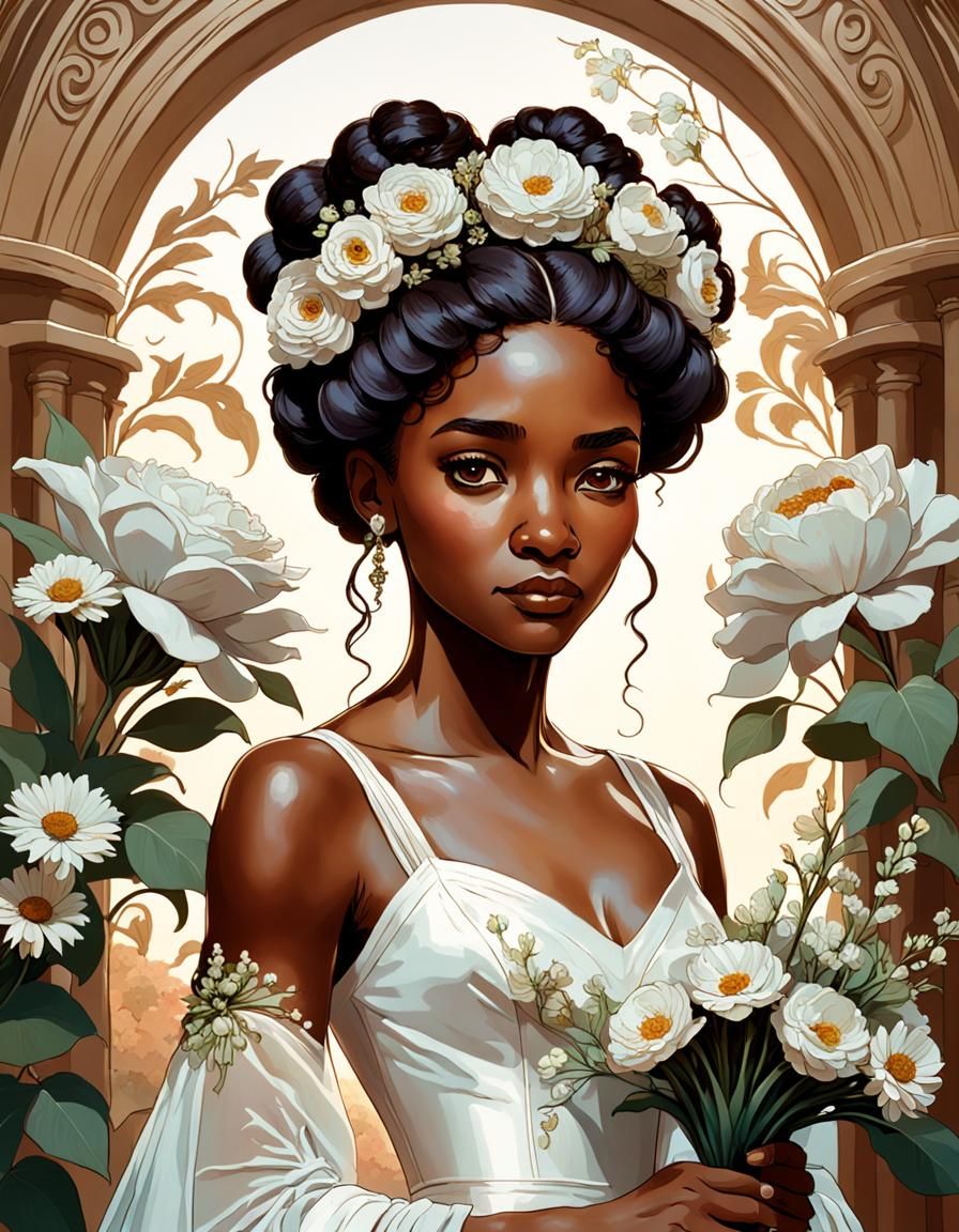 Melanin Bride in Bridgerton Dress, Art Nouveau Style