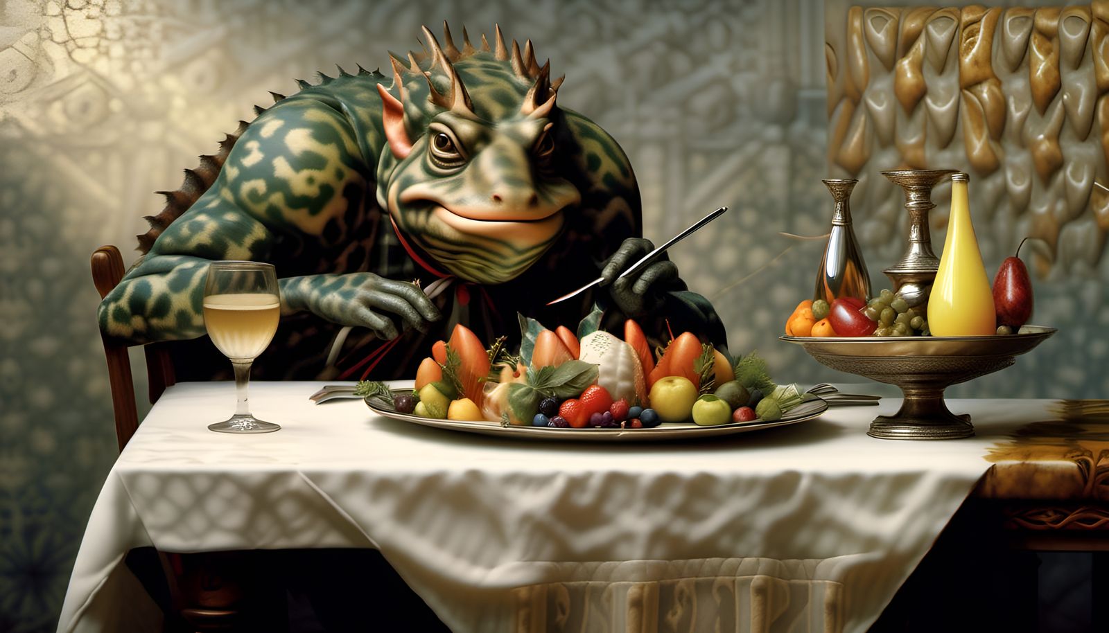 Amphibian Waiter: Hyperrealistic Dinner Scene